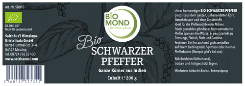 Bio Schwarzer Pfeffer 200g, ganze Körner Piperin