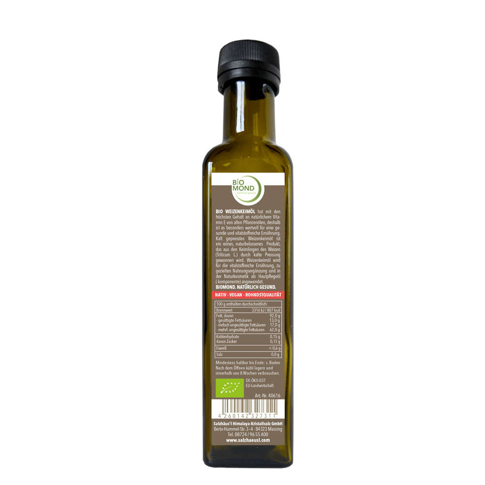 Bio-Weizenkeimöl 250ml, hoher Anteil an Vitamin A+D+E