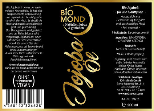 BIO Jojobaöl Hautöl 200ml, BIOMOND / kaltgepresst / Naturkosmetik