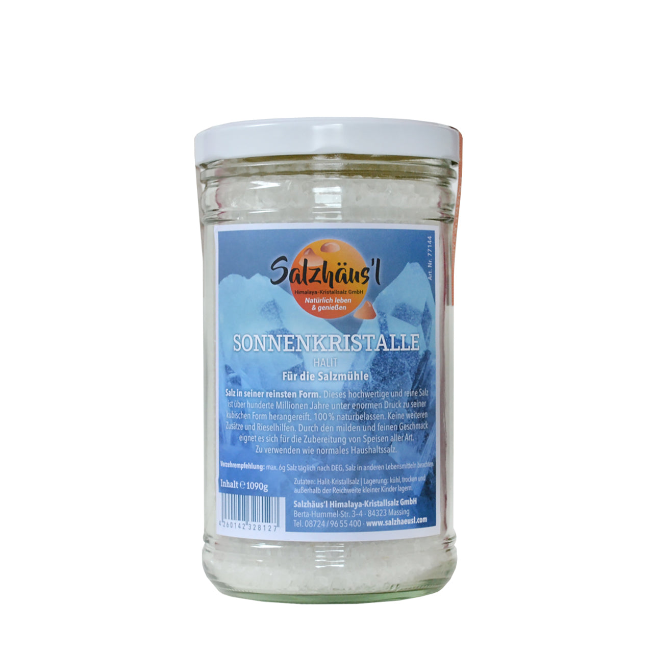 Sonnenkristalle (Halit) 1090g, granuliert für die Mühle, im Glas