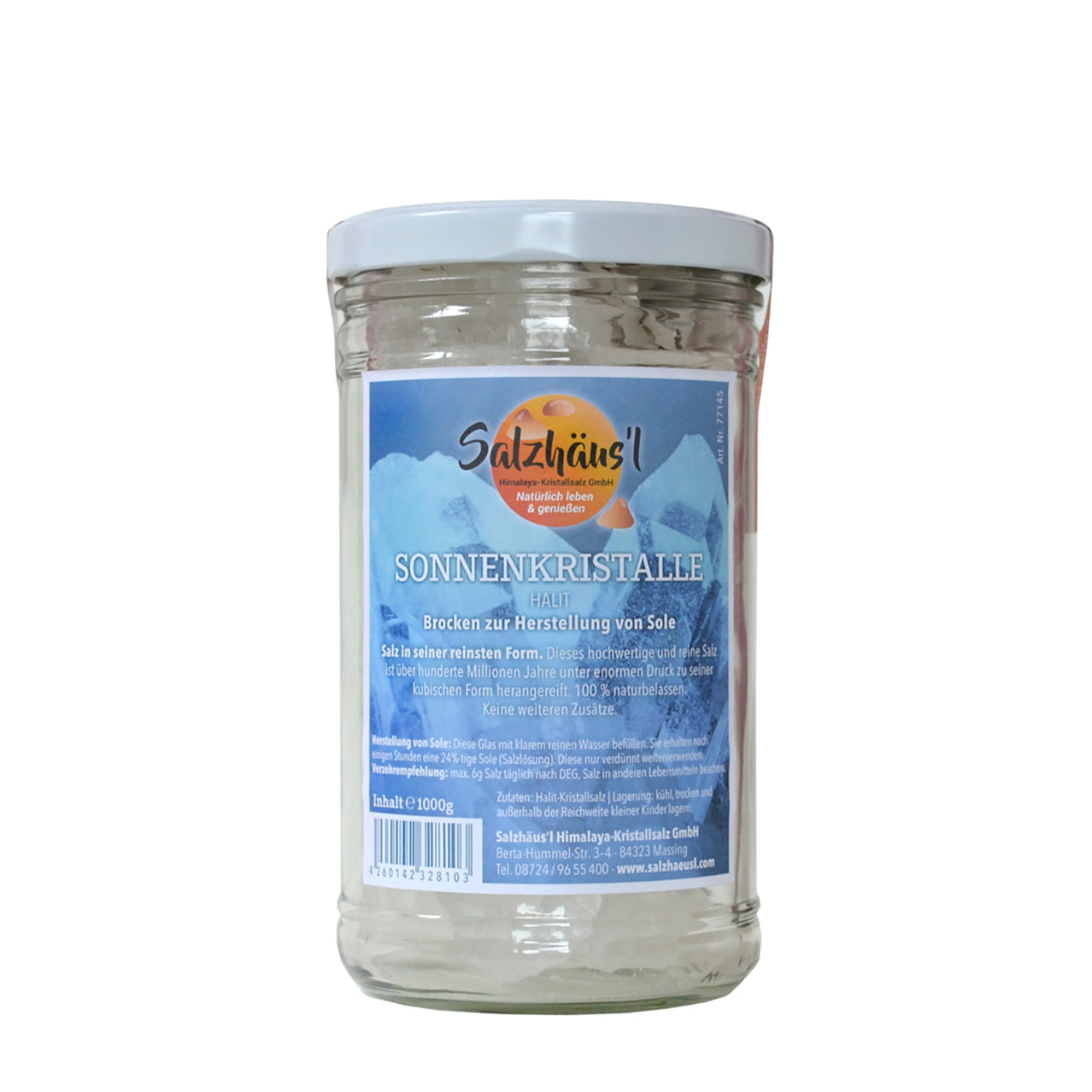 Sonnenkristall (Halit) 1kg, Brocken für die Sole, im Glas