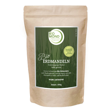 Bio Erdmandeln 500 g, kräftige Flocken, mittelfein gewalzt, leicht getoastet
