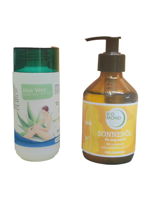 Sonnenpflege-Set: Natürliches Sonnenöl + Aloe Vera Hautgel, je 200ml, SOMMERANGEBOT
