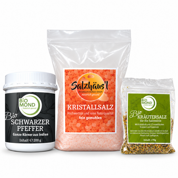 Gewürz-Basis-Set: Kristallsalz fein 1090 g + Bio Schwarzer Pfeffer 200 g + Kräutersalz 70 g