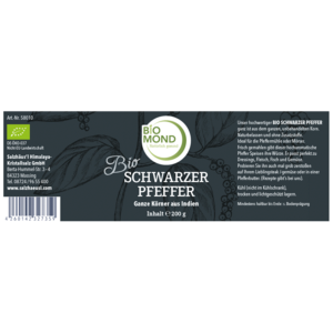 Bio Schwarzer Pfeffer ganze Körner, Piperin - 200 g / BIOMOND